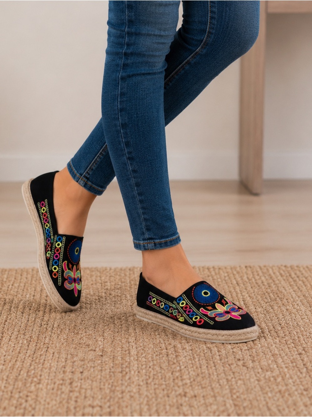 Embroidered Espadrille Flats | Black with Colorful Design Size 8
